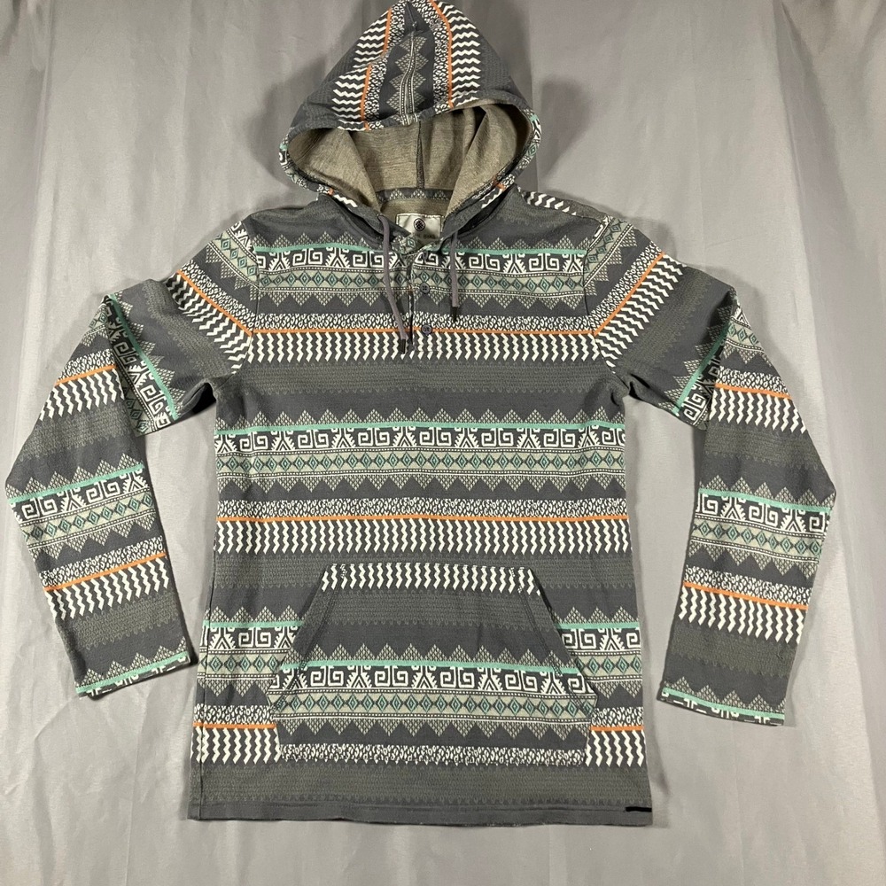 On‎ The Byas Mens Small Tribal Geometric Henley Hoodie Grey Teal Orange